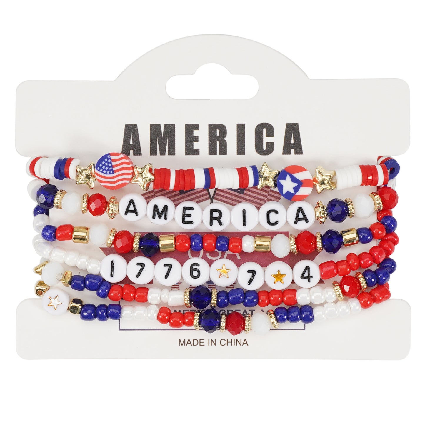 Bracciale Geometrico con Perline di Vetro Unisex con Charm Bandiera Americana Festa dell'Indipendenza