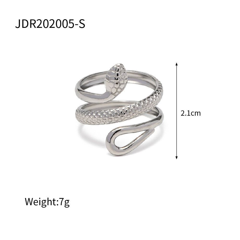 Anello classico da donna in acciaio inossidabile placcato oro 18 carati con serpente testurizzato, design scavato, regolabile