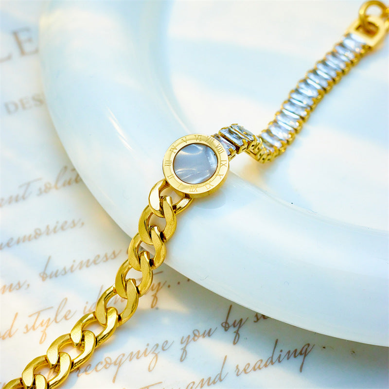 Fashionable Irregular Round Pendant Stainless Steel Bracelet with Rhinestone Accents and Plated Finish