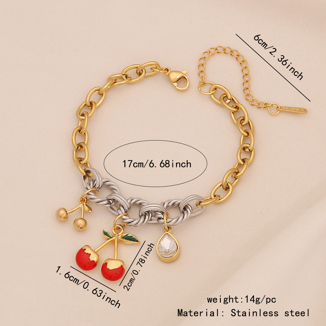 Bracciale da donna in acciaio inossidabile con smalto a forma di frutto, fresco e rustico