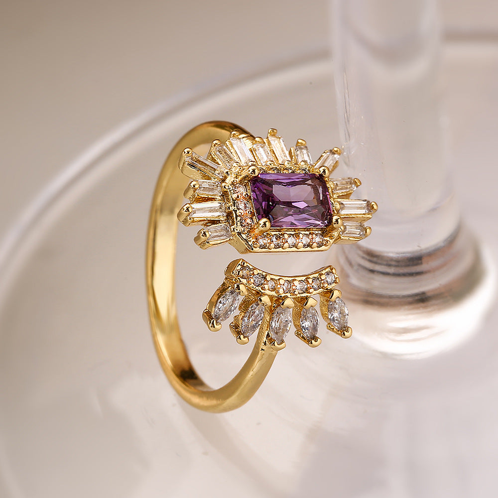 Anello da donna minimalista irregolare geometrico in rame con placcatura in vero oro e intarsio di zirconi