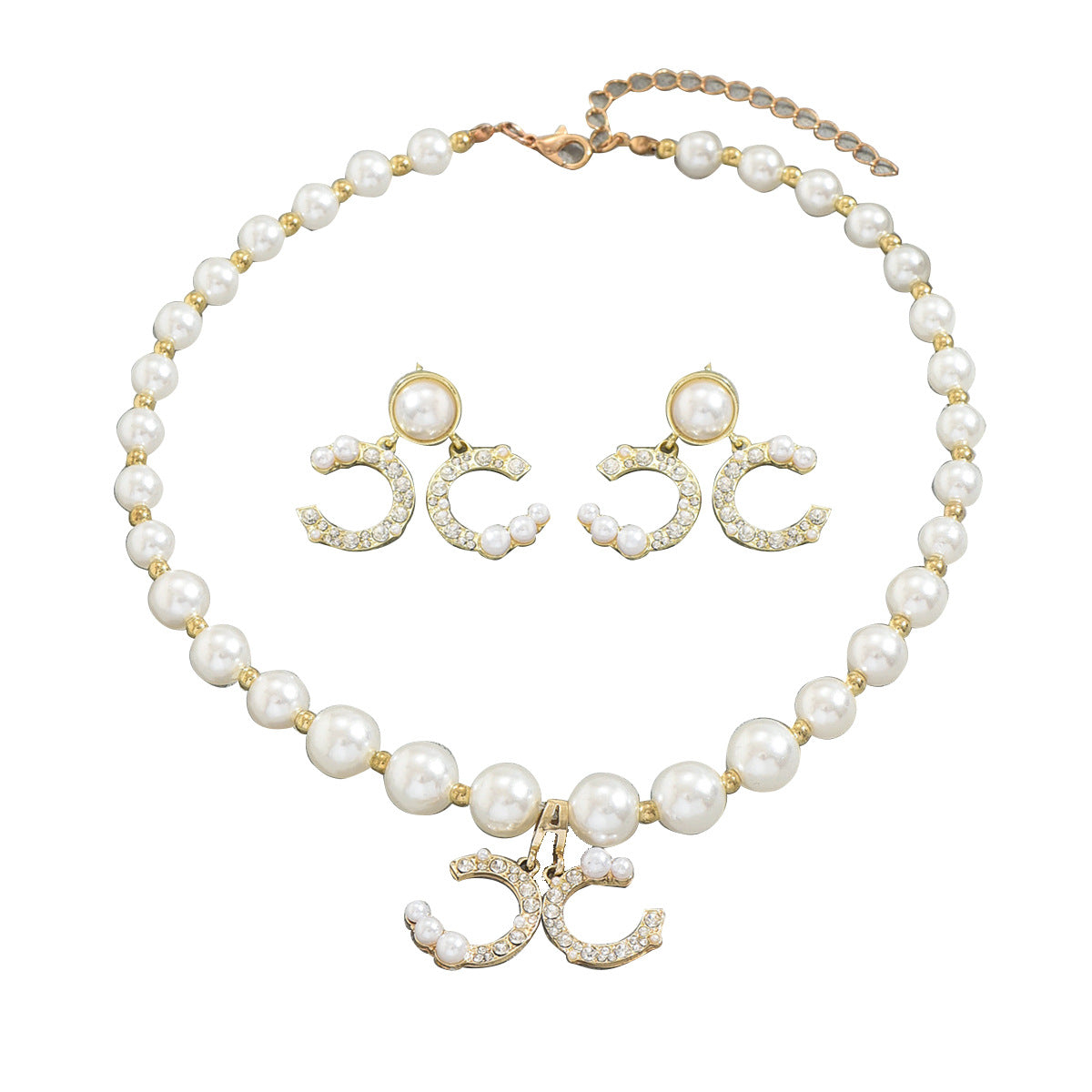 Set di collana e orecchini in lega a C geometrica da donna con dettagli in perle