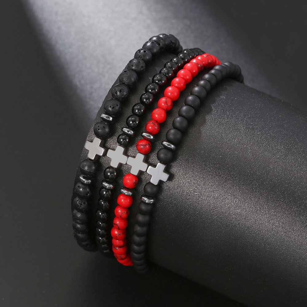 Men's Matte Hematite Cross Bracelet with Volcanic Stone and Turquoise Beads Unisex Geometric Jewelry