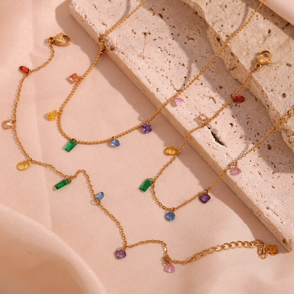 Minimalist Geometric Stainless Steel Plated 18K Gold Colorful Zirconia Necklace for Women