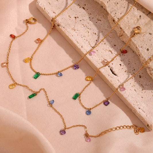 Minimalist Geometric Stainless Steel Plated 18K Gold Colorful Zirconia Necklace for Women