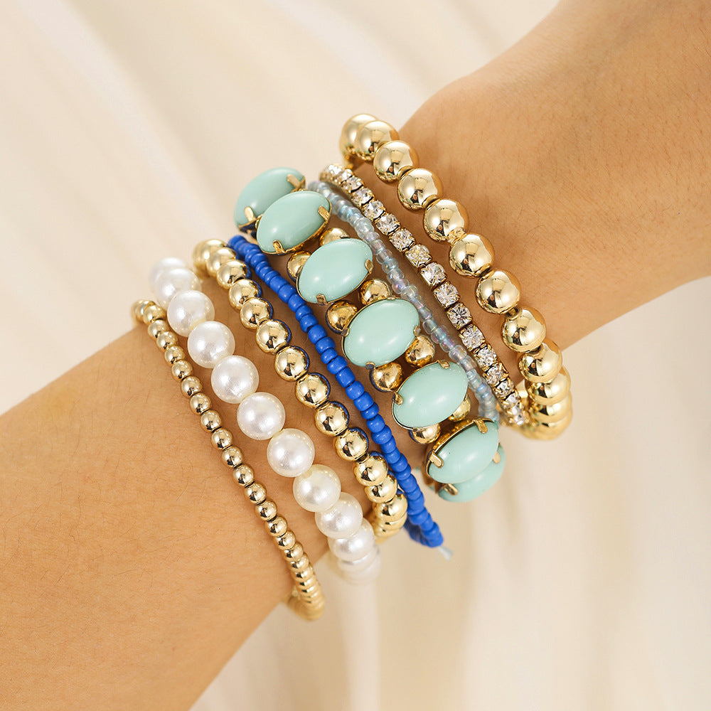 Bohemian Geometric Round Acrylic Pearl Bracelet Set