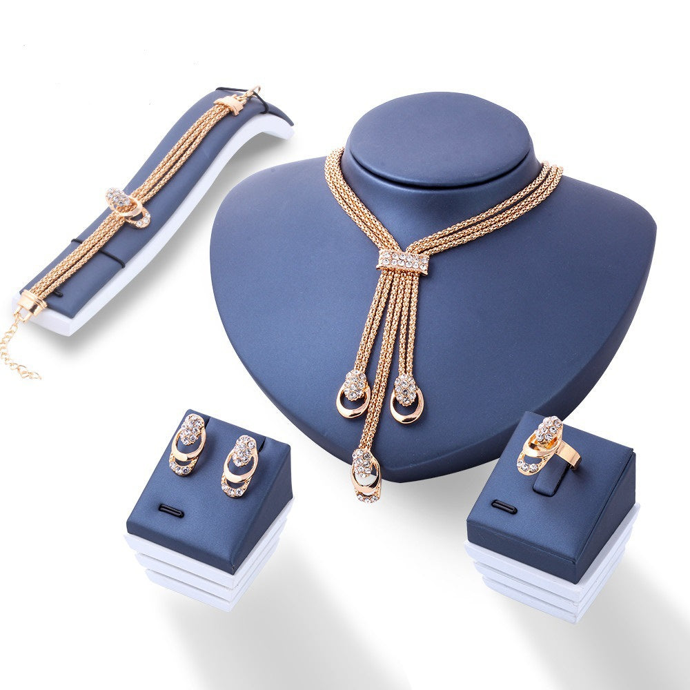 Gold Plated Geometric Rhinestone Jewelry Set with Ball Chain for Women