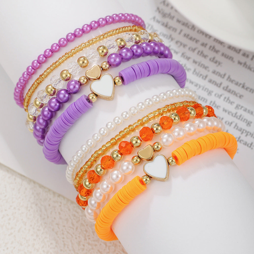 Bohemian Heart Drip Oil Resin and Pearl Beaded Stretch Bracelet Set for Kids