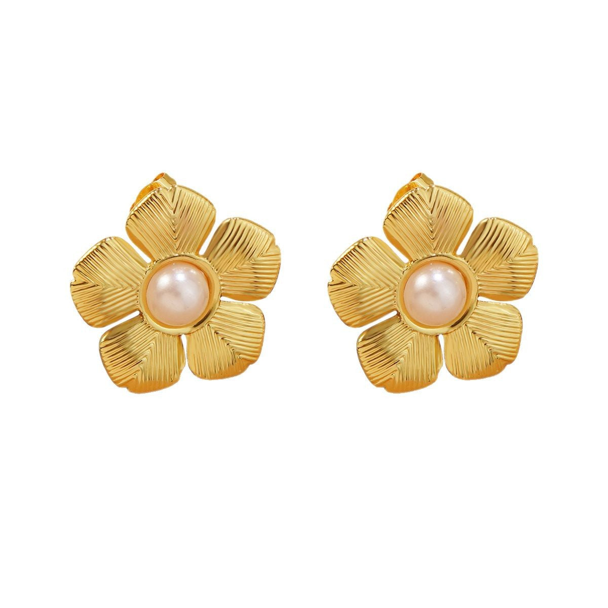 Statement Gold Plated Stainless Steel Floral Stud Earrings with Resin Turquoise Inlay