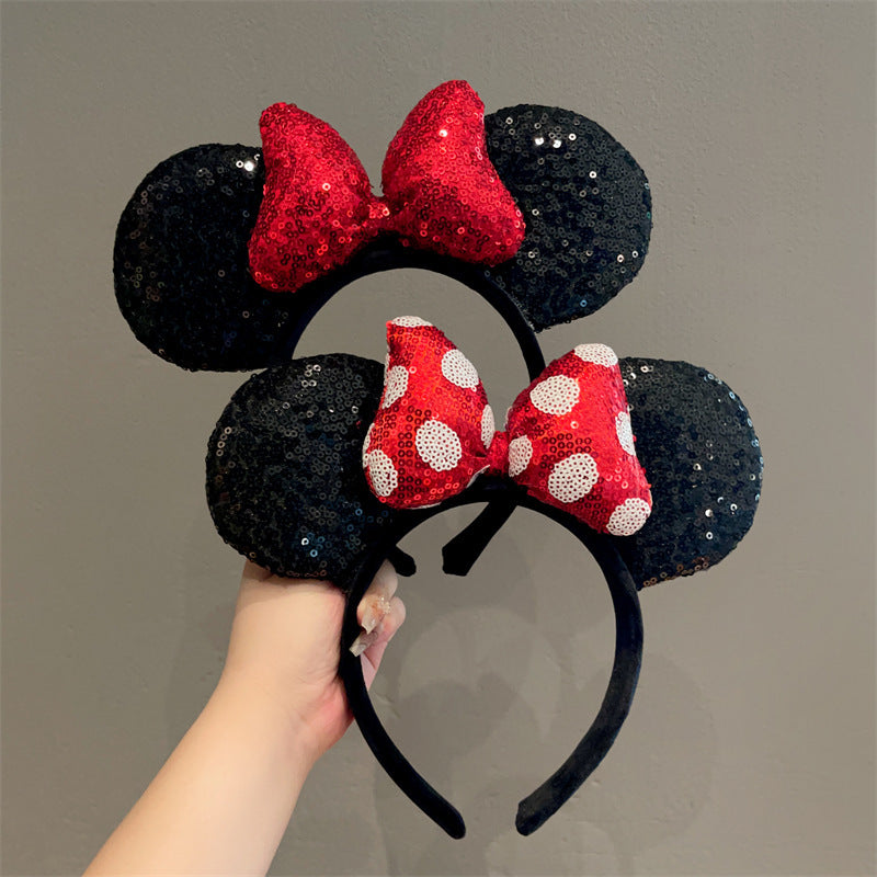 Fascia per capelli per bambini di Topolino dei cartoni animati con fiocco e glitter, fascia in tessuto a forma geometrica per feste e vacanze