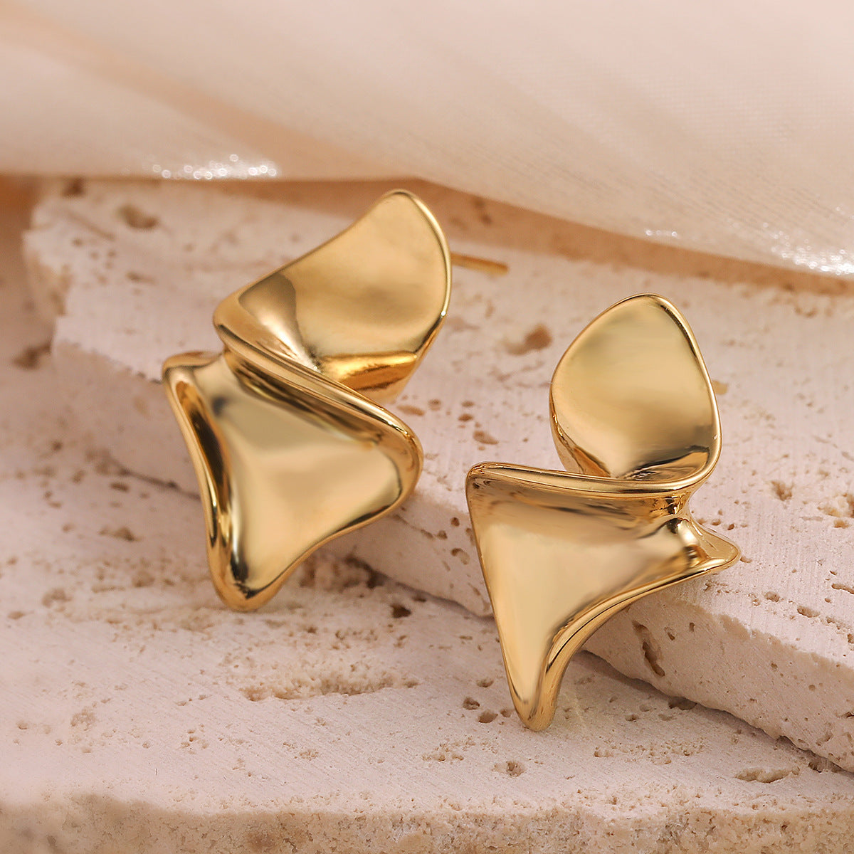 Minimalist Irregular Geometric Stainless Steel Earrings for Women with 18K Gold Posts and Micro-Pave Setting