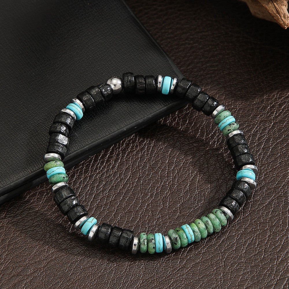 Vintage Handmade Geometric Turquoise and Hematite Beaded Bracelet for Unisex