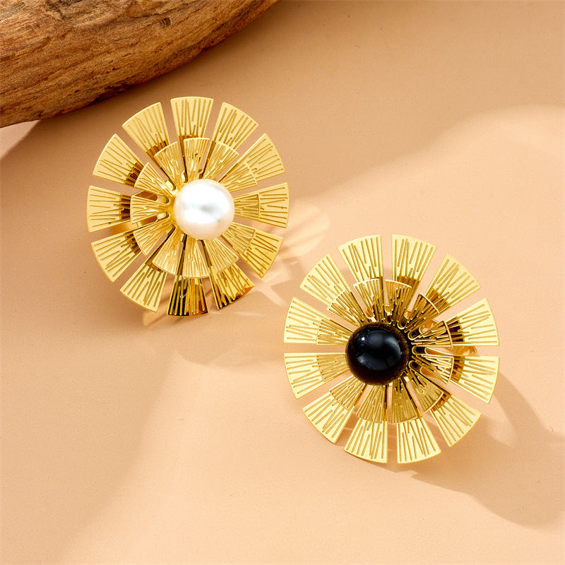 Fashion Business Casual Gold Plated Stainless Steel Floral Pearl Jewelry Set