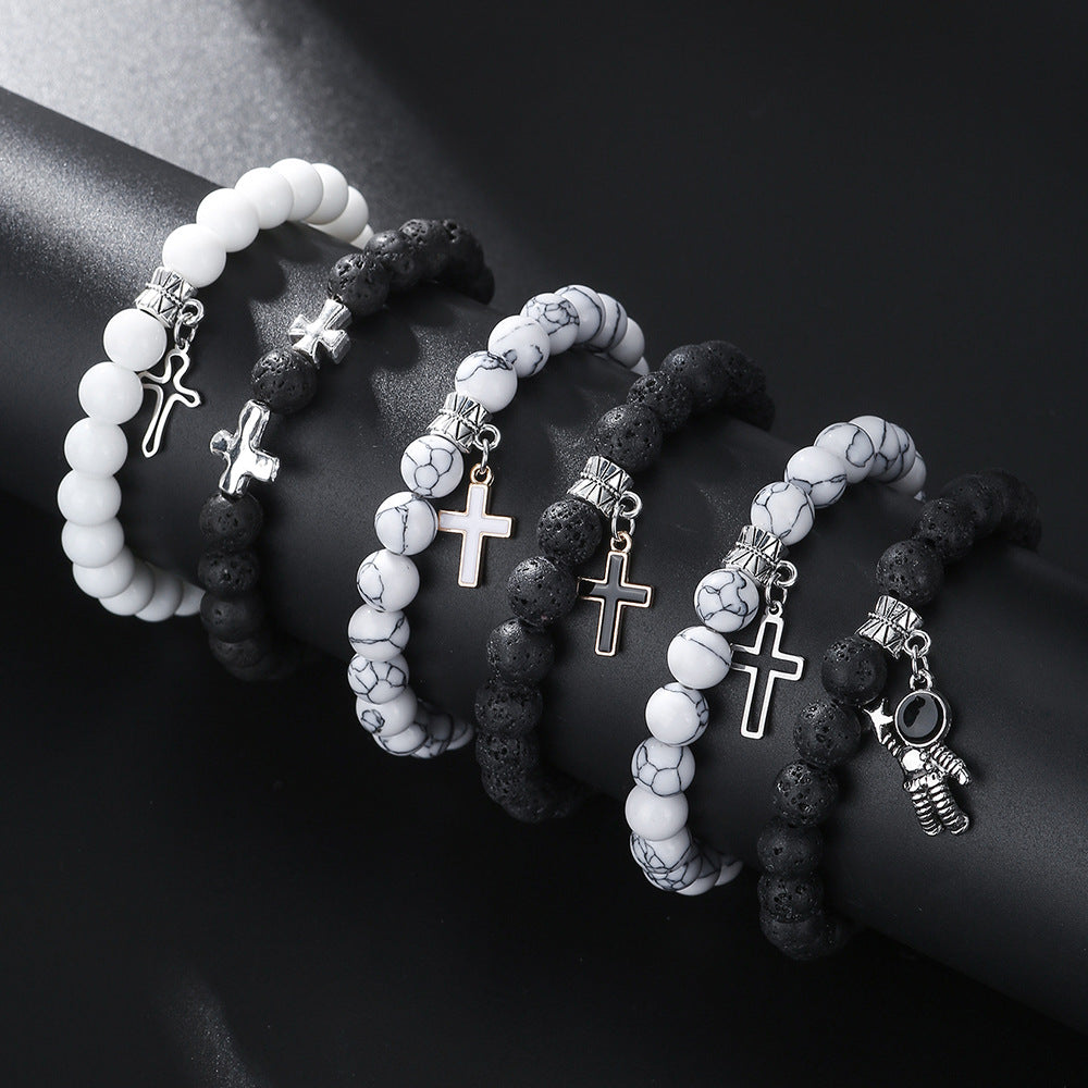 Minimalist Geometric 8mm White Pine Volcanic Stone and Hematite Ball Chain Bracelet Set with Cross and Astronaut Charms