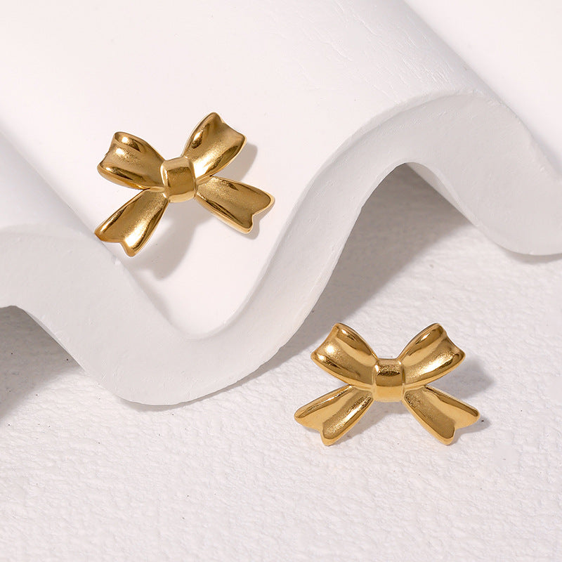 Minimalist 18K Gold Plated Stainless Steel Bow Knot Stud Earrings for Women