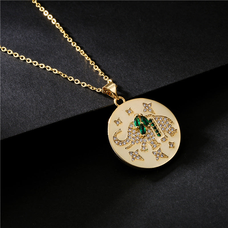 18K Gold Plated Round Animal Micro-Inlaid Cubic Zirconia Brass Pendant Necklace with Cable Chain