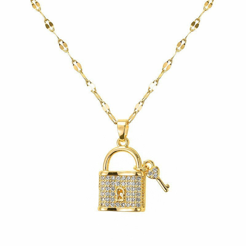 Minimalist Lock-Shaped Titanium Steel Necklace with Alloy Pendant and Plated Finish for Women and Men