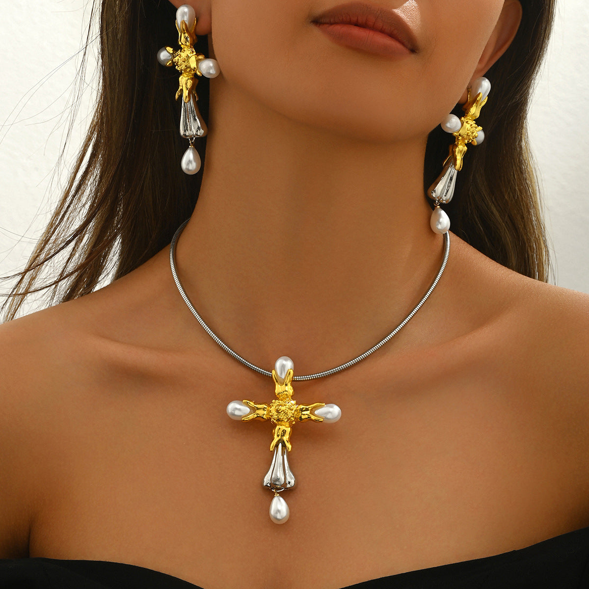 Fashionable Office Lady Style Cross Pendant Necklace and Stud Earrings Set in Copper with Pearl Inlay