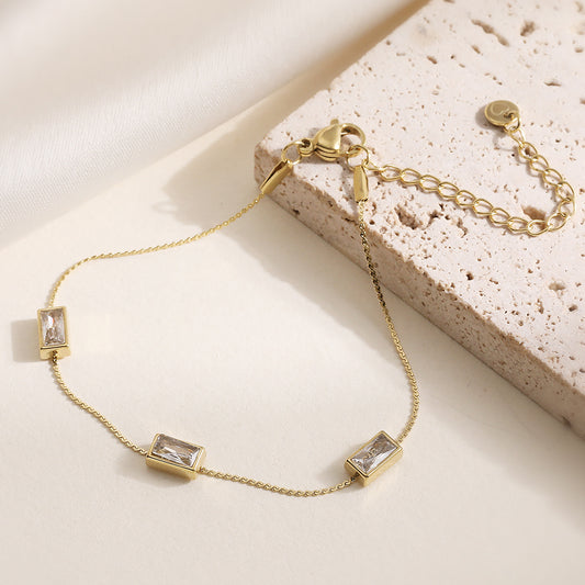 Minimalist Vintage 18K Gold Plated Geometric Stainless Steel Bracelet with Cubic Zirconia for Women