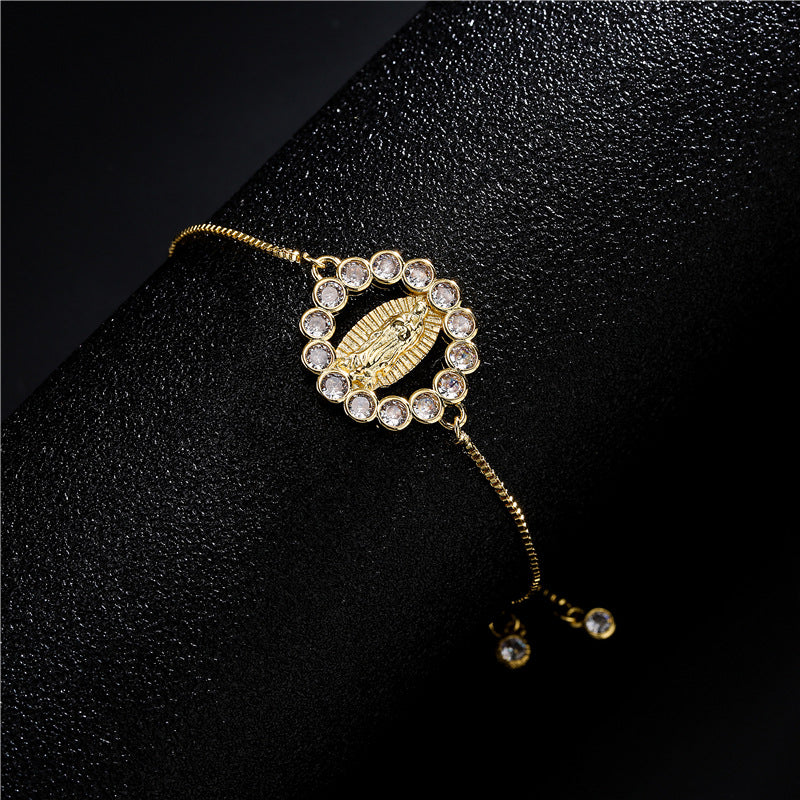 Vintage Bohemian Geometric Brass Micro-Inlaid Cubic Zirconia Virgin Mary Adjustable Bracelet