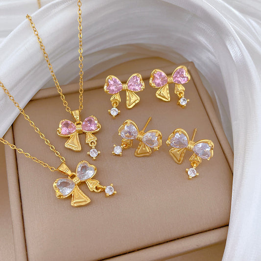 Sweet Micro-Set Cubic Zirconia & Amethyst Crystal Four-Leaf Flower Bow Pendant Titanium Steel Necklace for Women