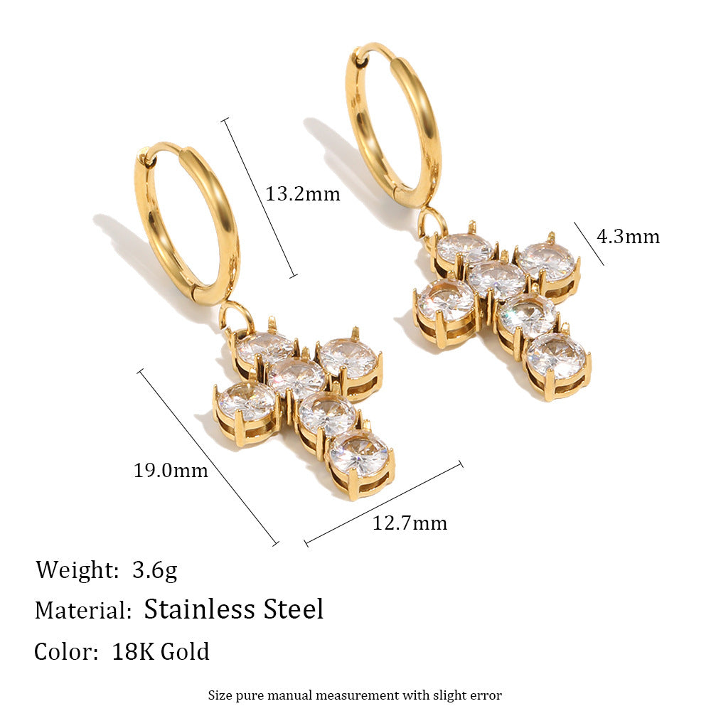 Orecchini a croce minimalistici ed eleganti in acciaio inossidabile placcato oro 18K con zirconia cubica