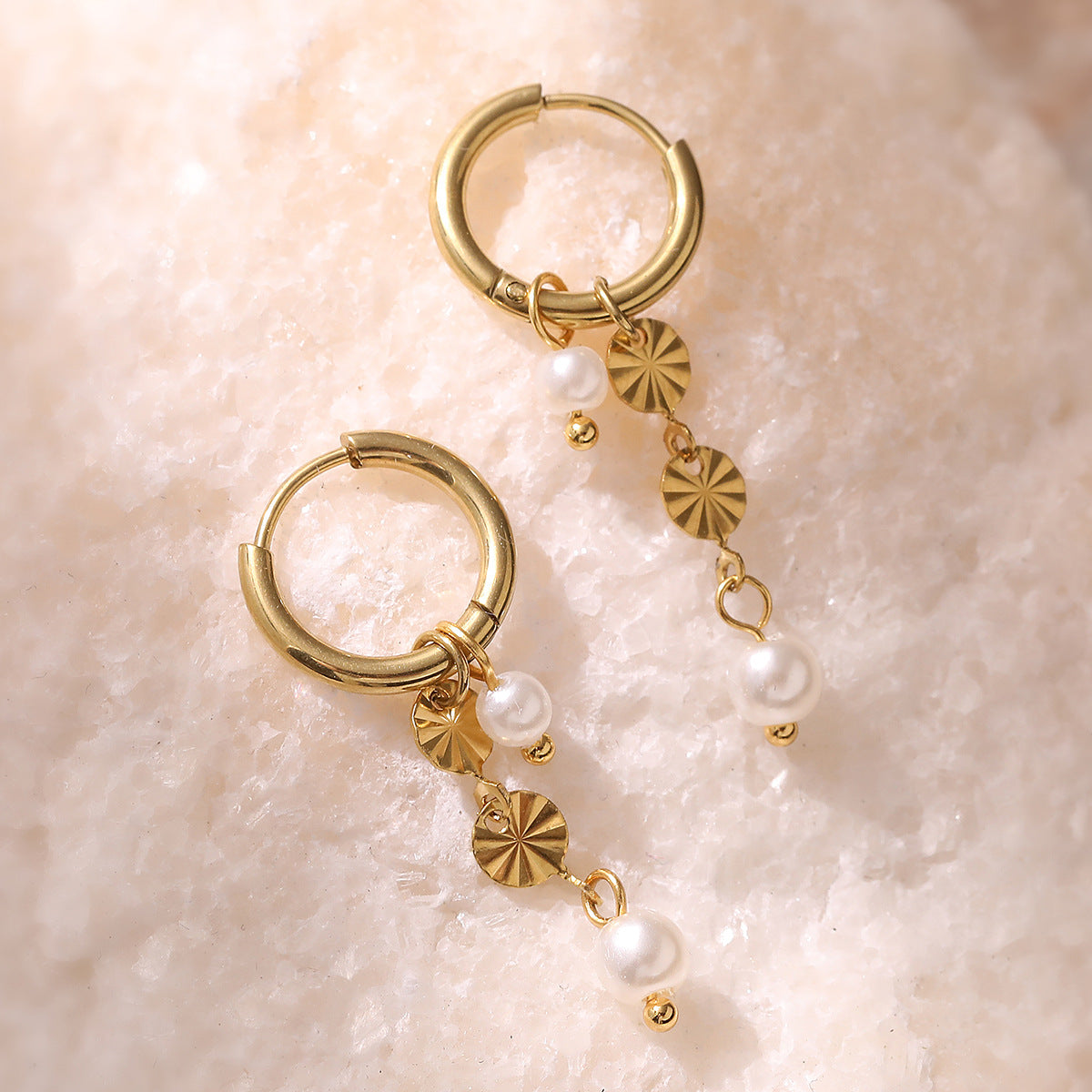 Elegant Minimalist 18K Gold Plated Geometric Stainless Steel Pearl Tassel Earrings for Women