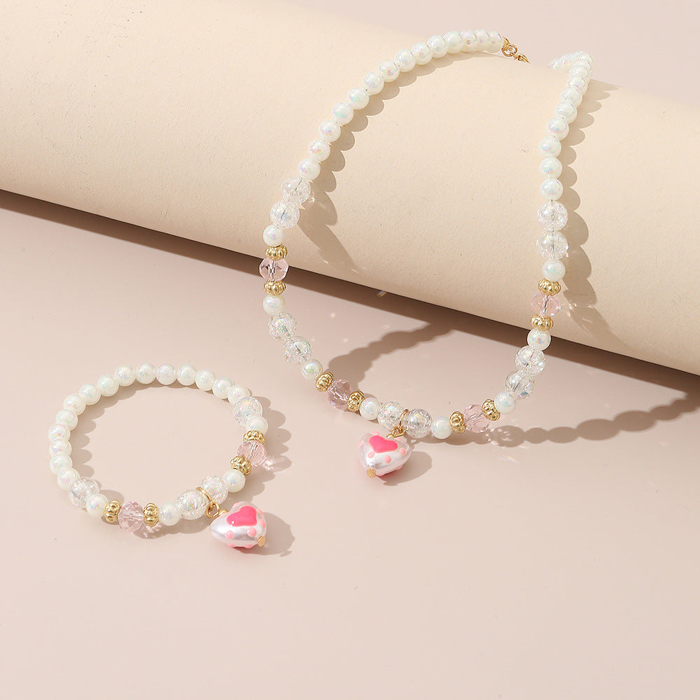 Cute Heart-Shaped Resin and Alloy Pendant Necklace for Girls, Minimalist Pearl-Inspired Fashion Necklace Set with Round Bead Chain