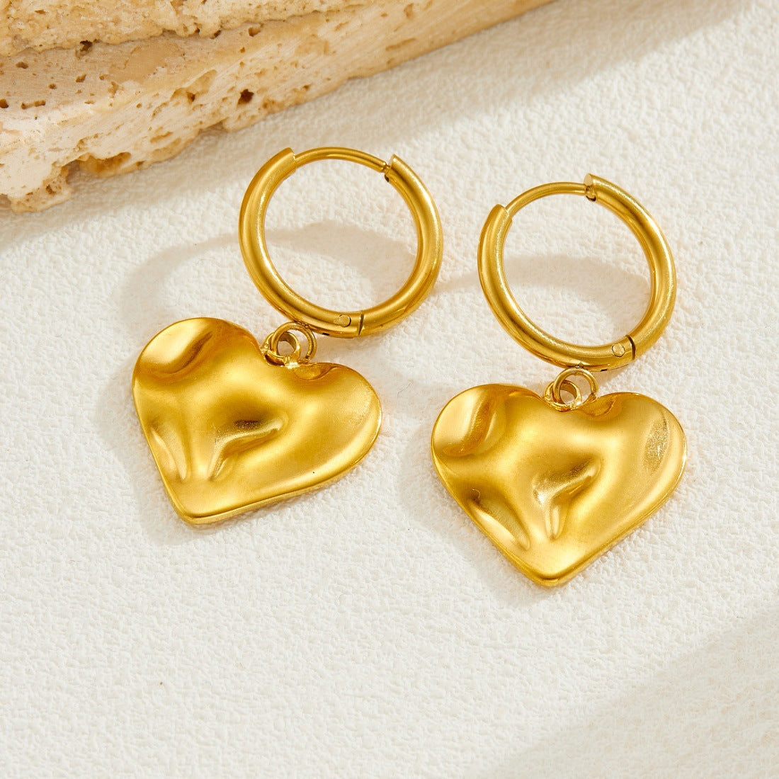 Minimalist Irregular Textured Heart Stainless Steel Gold Plated Round Earrings