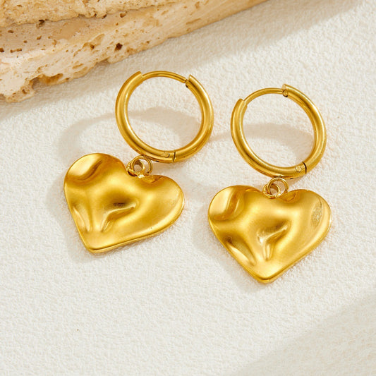 Minimalist Irregular Textured Heart Stainless Steel Gold Plated Round Earrings