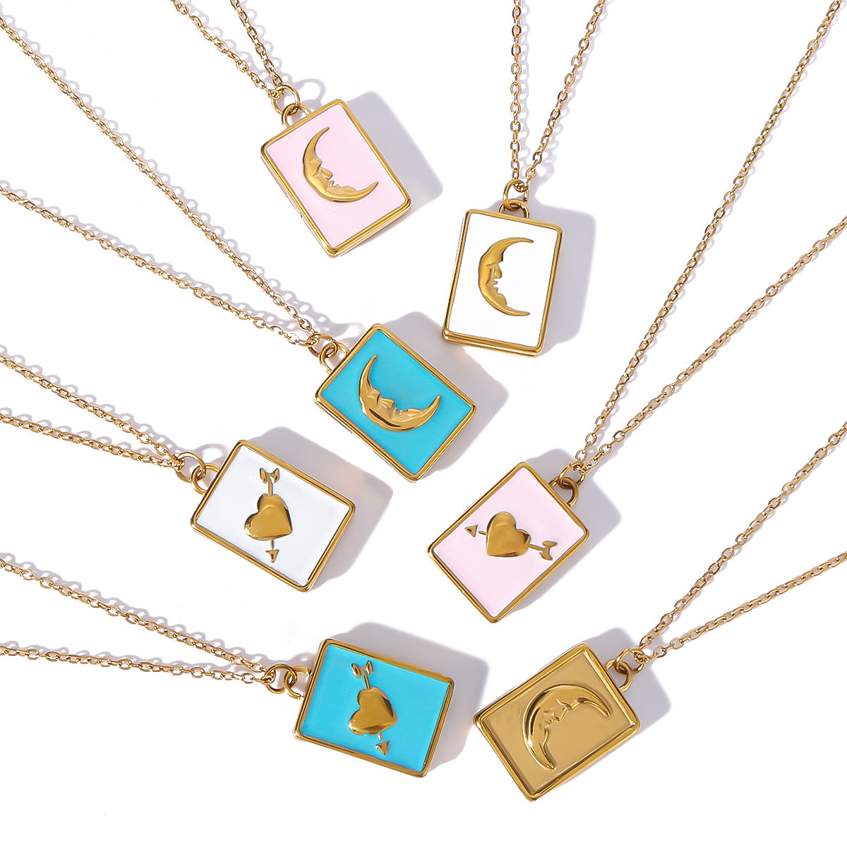Minimalist Moon and Heart Shaped Enamel Pendant Necklace in Stainless Steel with 18K Vacuum Plated Finish for Women