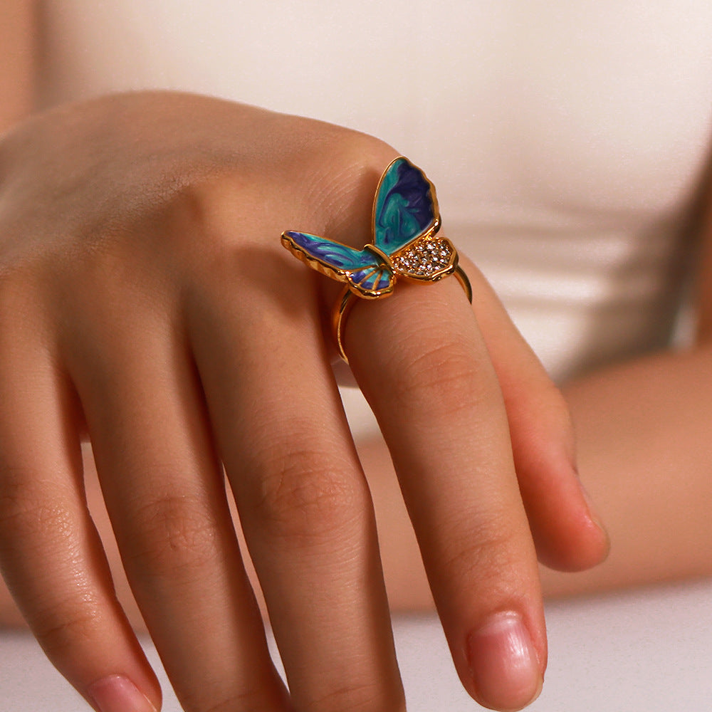 Vintage Butterfly-Shaped Stainless Steel Ring with 18K Gold Plating and Rhinestone Inlay for Women