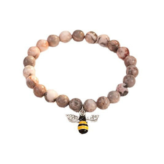 Natural Agate Bee Charm Bracelet Handmade Elastic Beaded String Unisex Jewelry