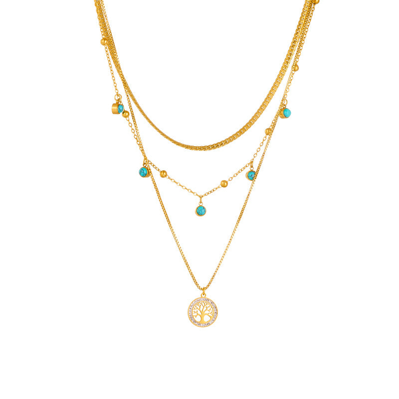 Minimalist Fashion Tree of Life Pendant Necklace in Titanium Steel with Turquoise Inlay on Multi-Layer Clavicle Chain