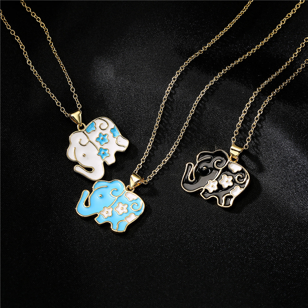 Cute Elephant Drip Oil Geometric Brass 18K Gold Plated Necklace with Cubic Zirconia Cable Chain