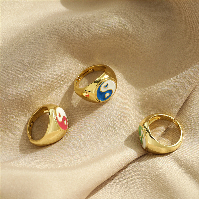 Colorful Drip Oil Heart Geometric Brass Ring with 18K Gold Plating Adjustable