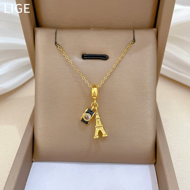 Sweet Geometric Camera Tower Rhinestone Plated Titanium Steel Necklace for Unisex