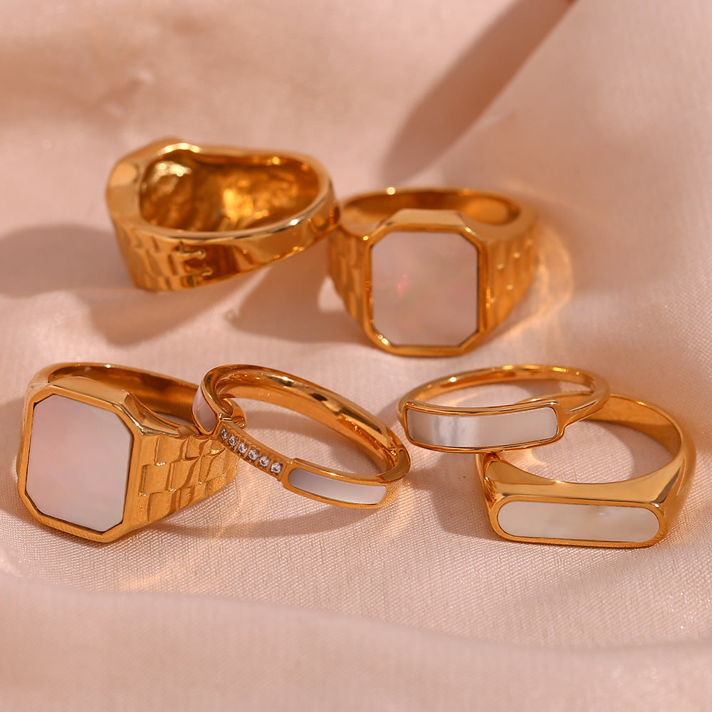 Minimalist Geometric Titanium Steel Ring with Gold Plating and Shell-Inspired Design for Women