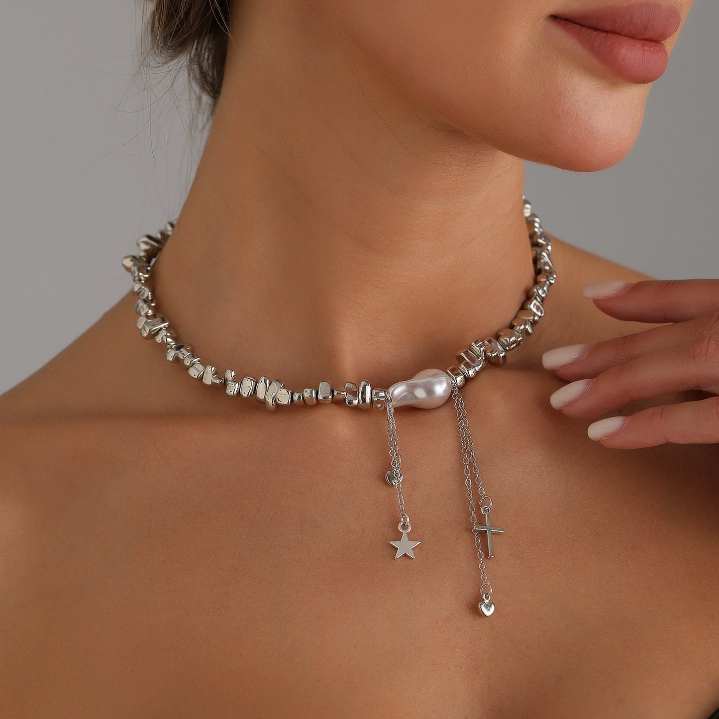 Vintage Asymmetrical Pearl Necklace with Star Heart Cross Pendant and Tassel Detail for Women Alloy Electroplated Locket Chain