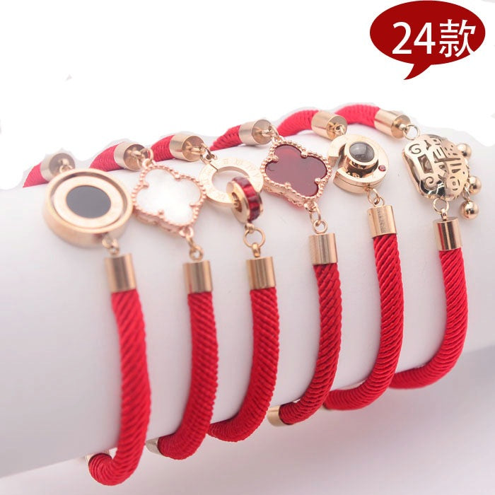 Bracciale da donna in stile geometrico in acciaio al titanio con cordino rosso, stile fattoria pastello