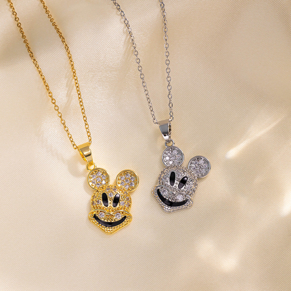 Minimalist Cartoon Mouse Pendant Necklace for Women in Titanium Steel with Rhinestone Inlay and O-Chain