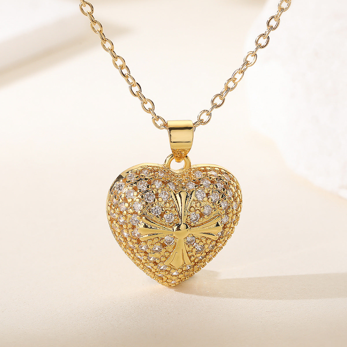 Minimalist 18K Gold Plated Brass Drip Oil Cross Heart Pendant Necklace with Cubic Zirconia