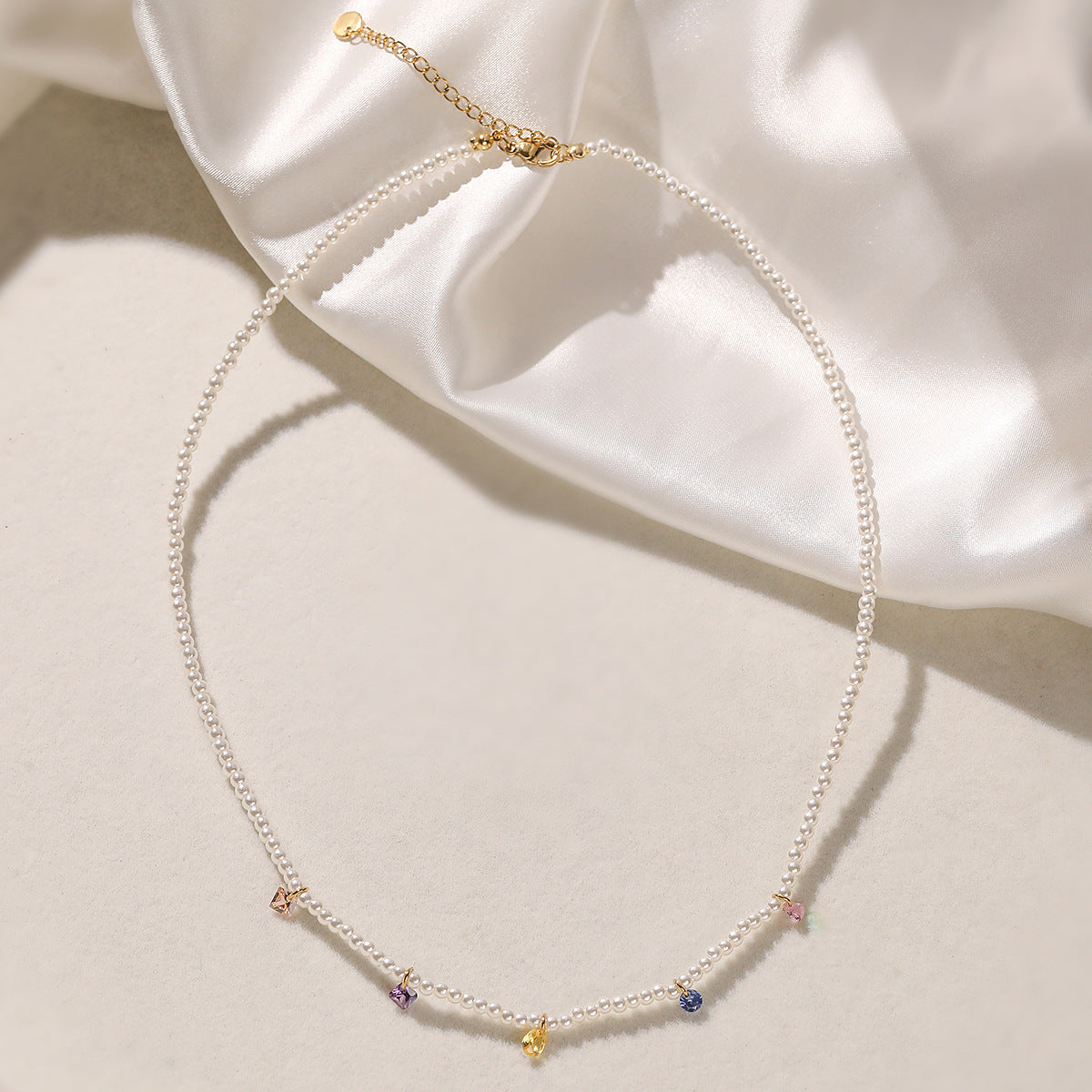 Minimalist Elegant Geometric Stainless Steel Necklace with Colorful Cubic Zirconia and Pearl for Women