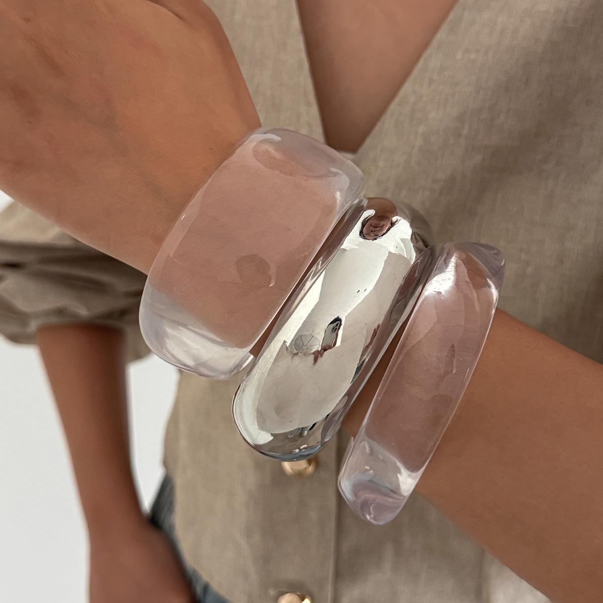 Minimalist Plated Acrylic Round Oval Wide Cuff Bracelet for Women