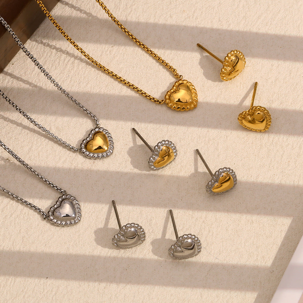 Minimalist Heart-Shaped Stainless Steel Necklace with 18K Gold Plating and Matching Gold-Tone Heart Stud Earrings for Women