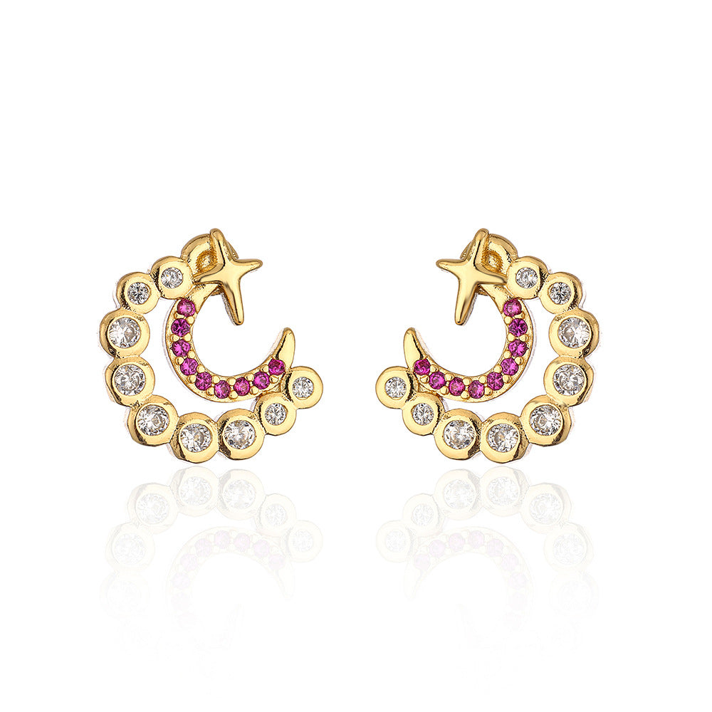 Minimalist Geometric Moon and Star Stud Earrings in Copper with 18K Gold Plating and Micro-Pave Zirconia
