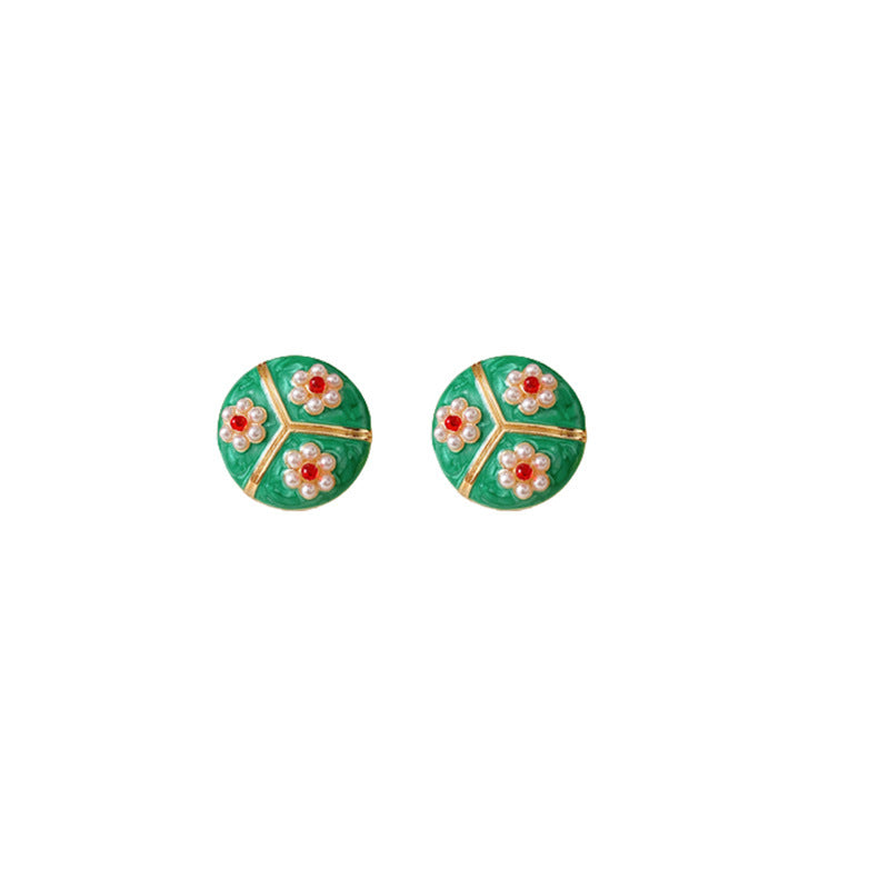 Vintage Floral Round Enamel Pearl Stud Earrings in Alloy with Stainless Steel Posts for Women