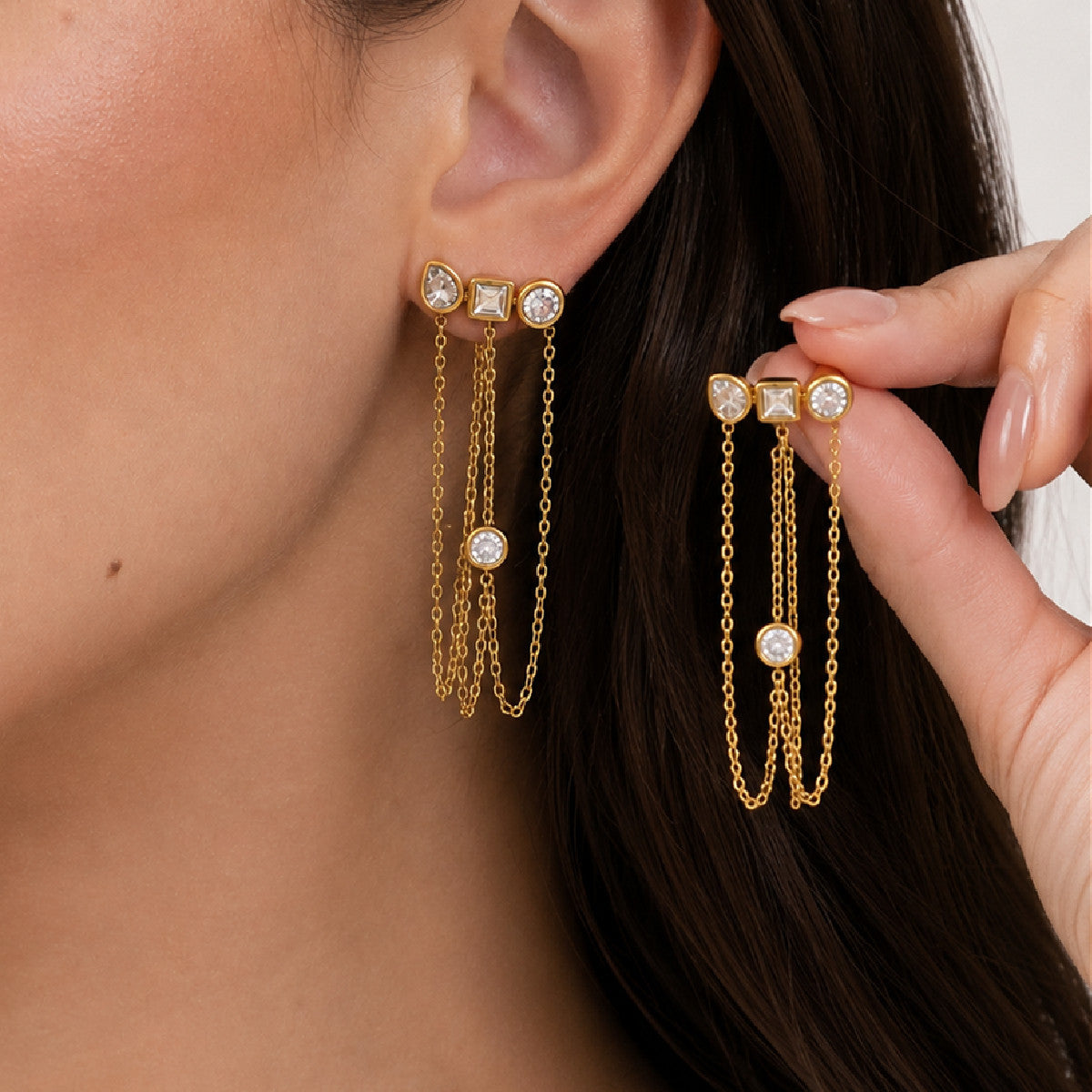 Sweet Geometric Teardrop Rhinestone PVD Plated Stainless Steel Earrings with Multi-layer Chain Tassel