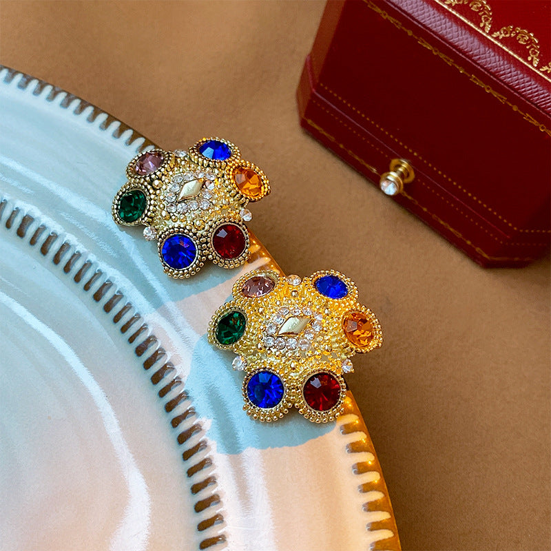 Vintage Floral Earrings with Gold Plated Copper Base and Cubic Zirconia Accents on 925 Sterling Silver Posts