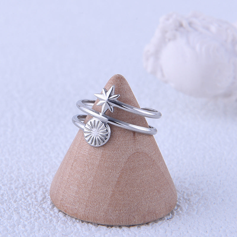 Minimalist Sun Star Titanium Steel Plated Open Ring for Women